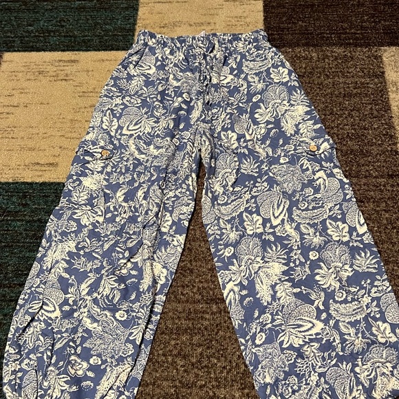 Christian Siriano Blue/Cream Rayon/Linen Blend baggy crop pants  size small - Picture 2 of 9